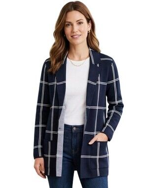 Loft Navy Windowpane Relaxed Sweater Blazer Open Front Pockets Sustainable S